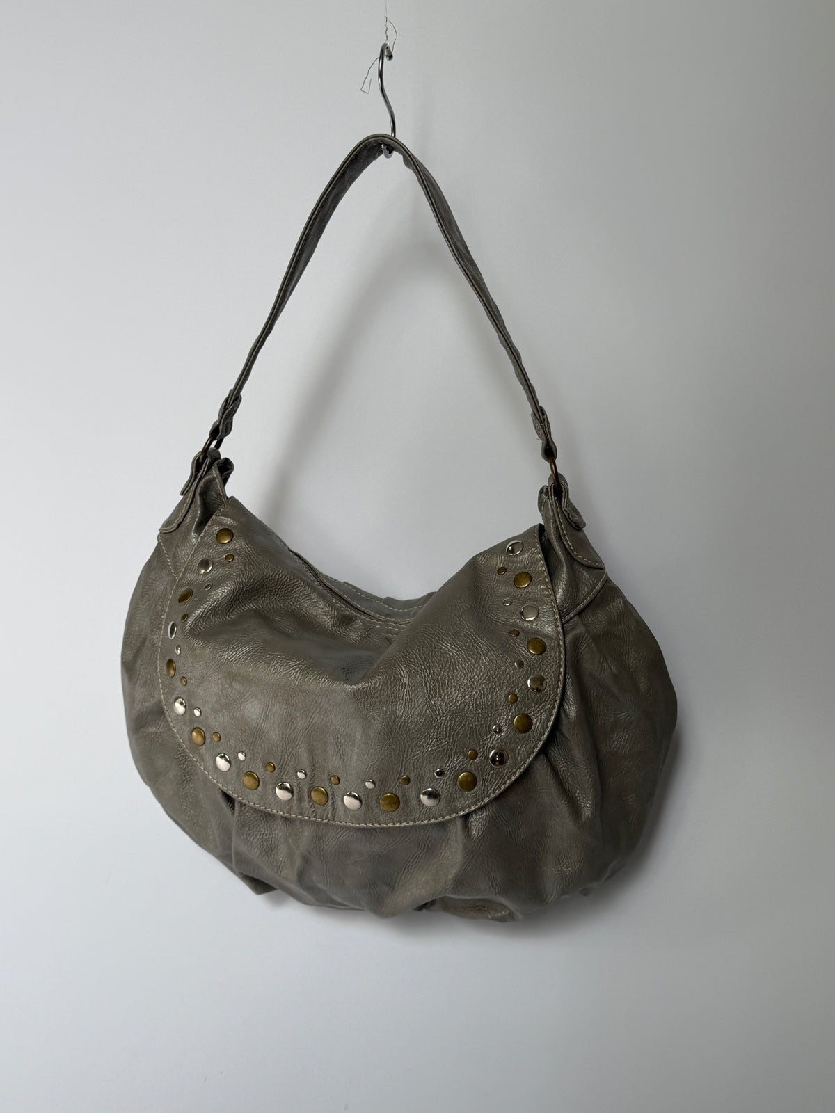 Studded Metallic Grey Leather Hobo Bag with Crossbody Strap