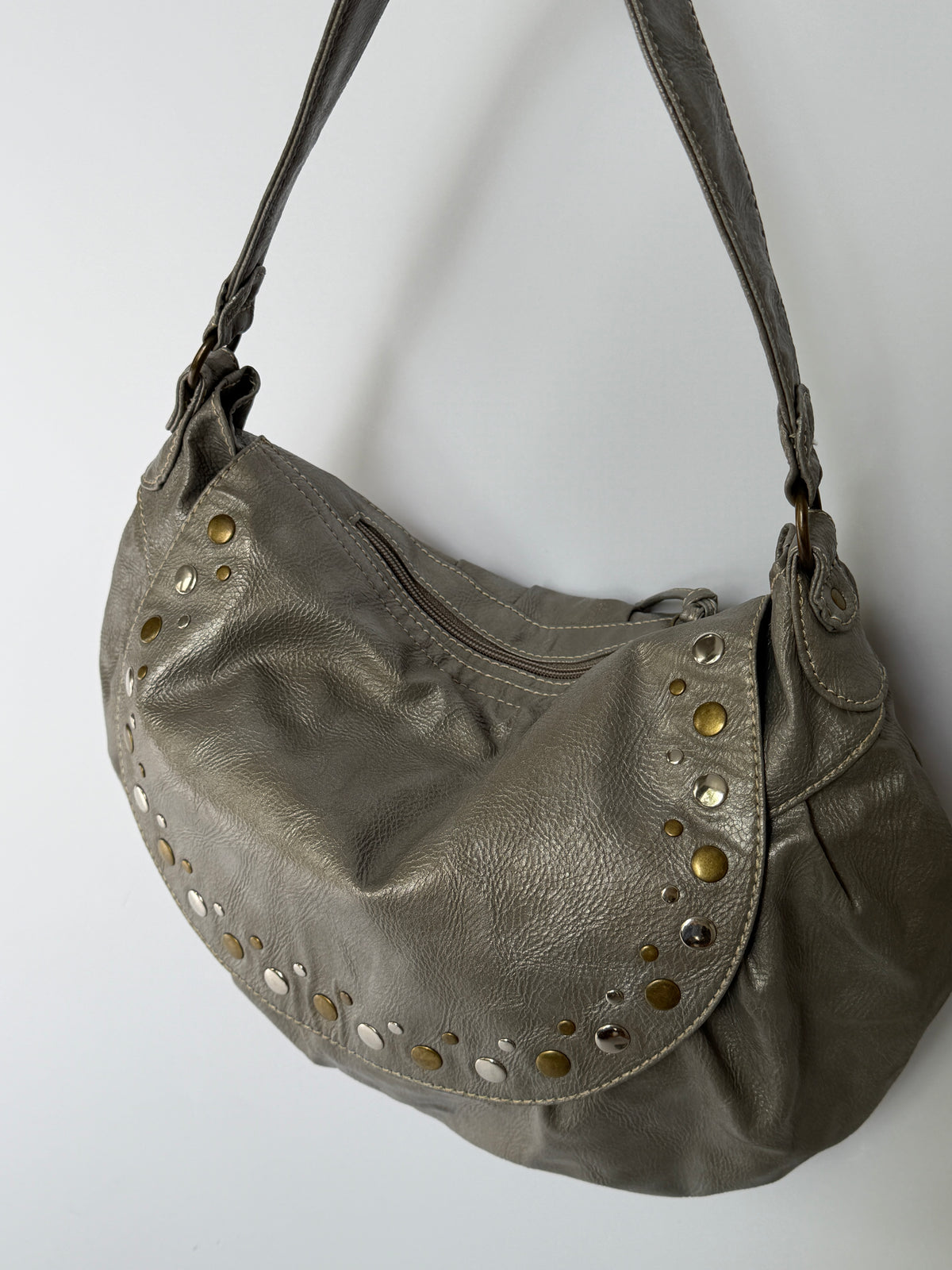 Studded Metallic Grey Leather Hobo Bag with Crossbody Strap