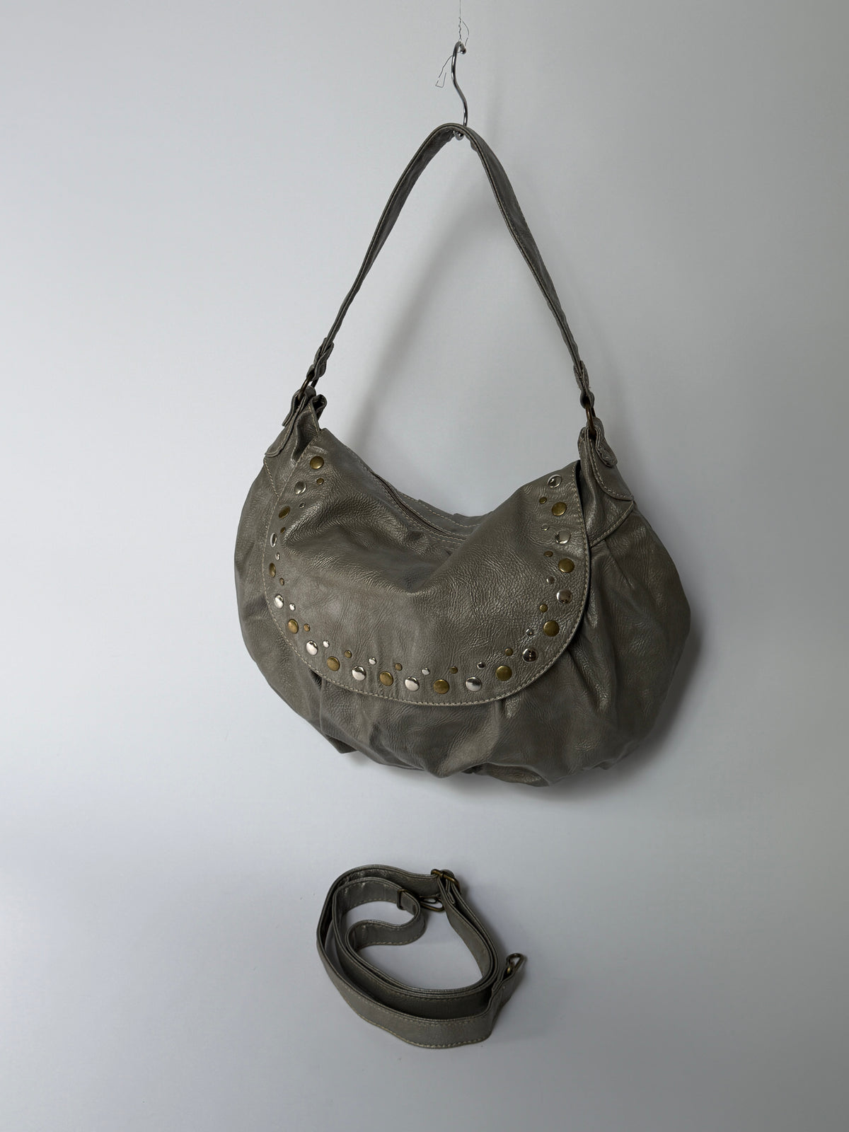 Studded Metallic Grey Leather Hobo Bag with Crossbody Strap
