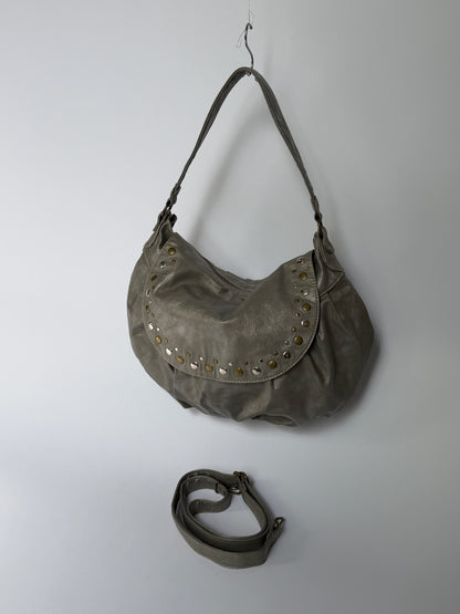 Studded Metallic Grey Leather Hobo Bag with Crossbody Strap