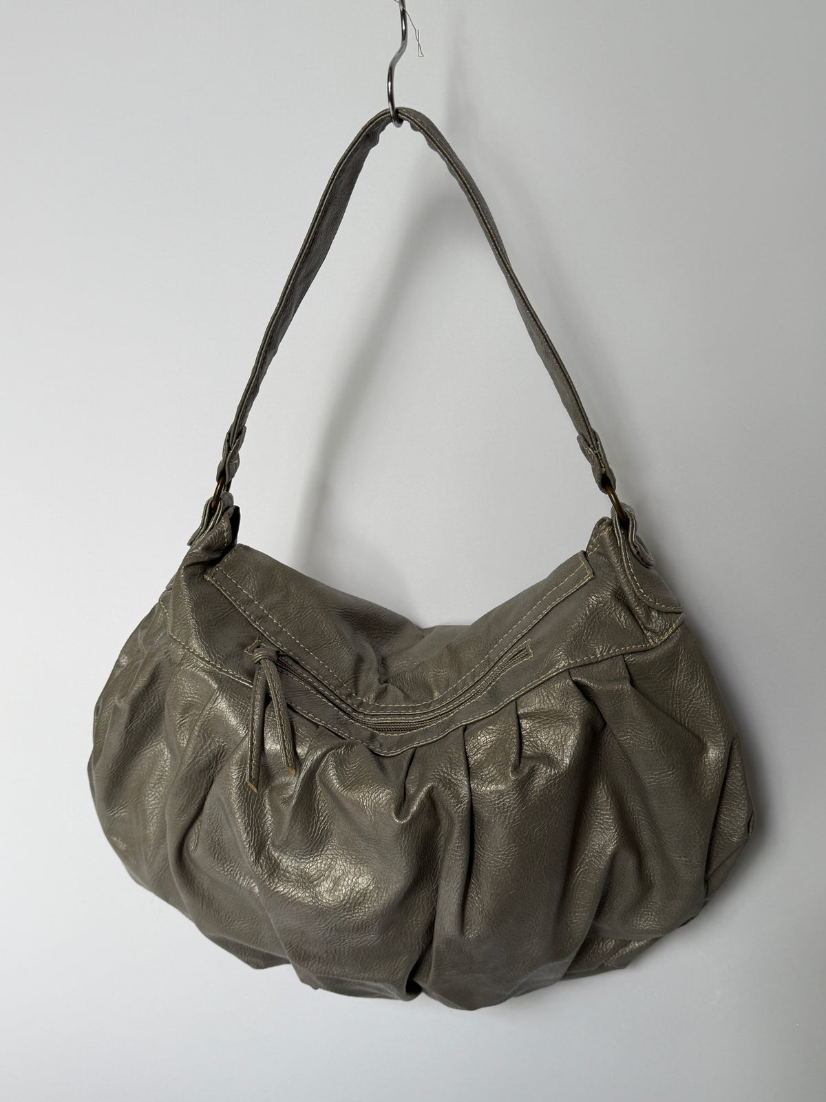 Studded Metallic Grey Leather Hobo Bag with Crossbody Strap