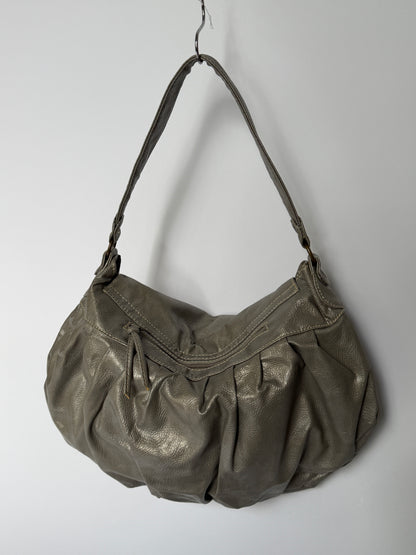 Studded Metallic Grey Leather Hobo Bag with Crossbody Strap