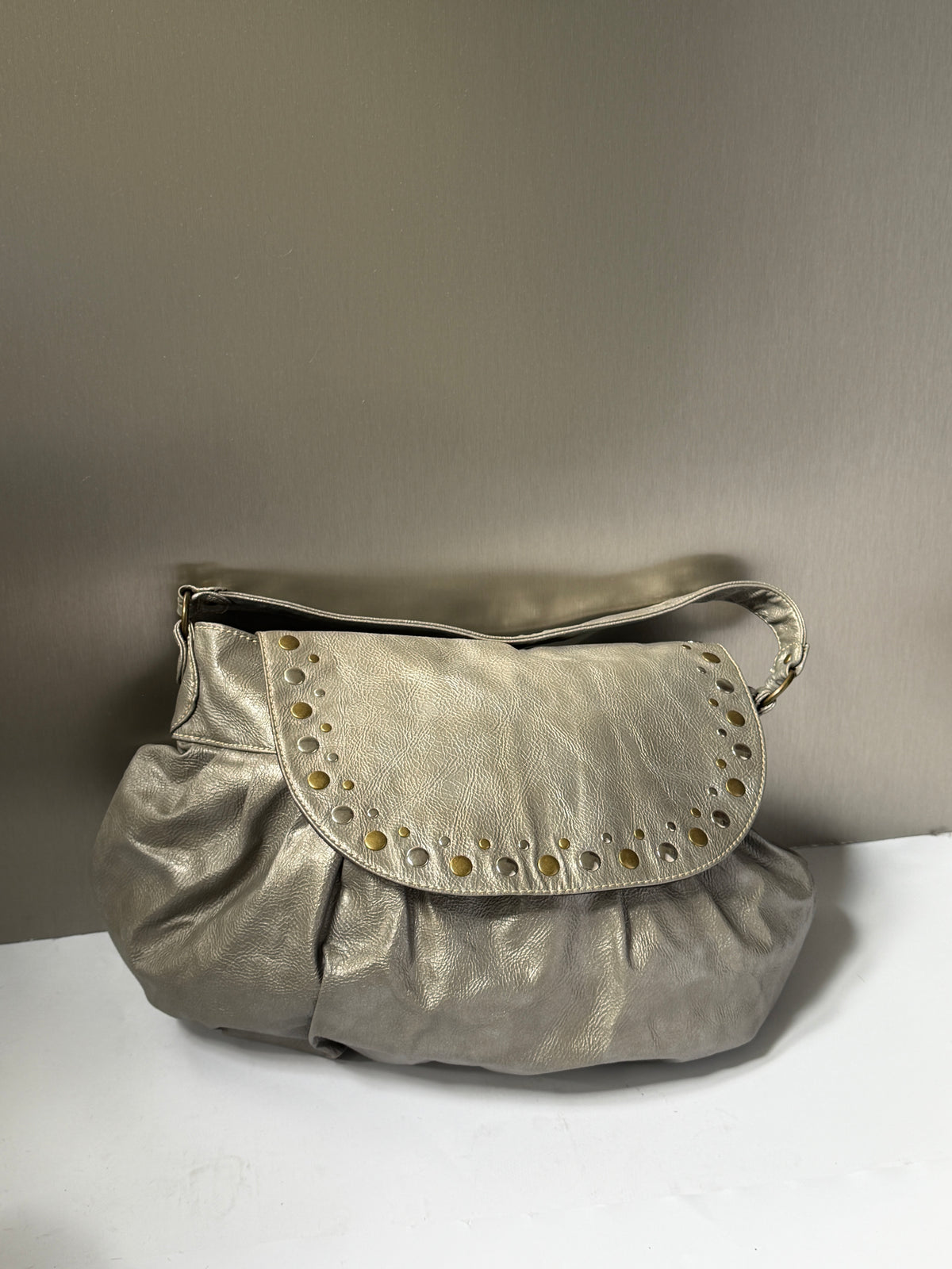 Studded Metallic Grey Leather Hobo Bag with Crossbody Strap