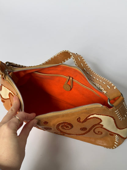 Francesco Biasia Beaded Embroidery Leather Shoulder Bag