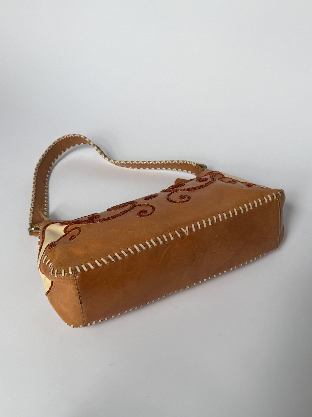 Francesco Biasia Beaded Embroidery Leather Shoulder Bag