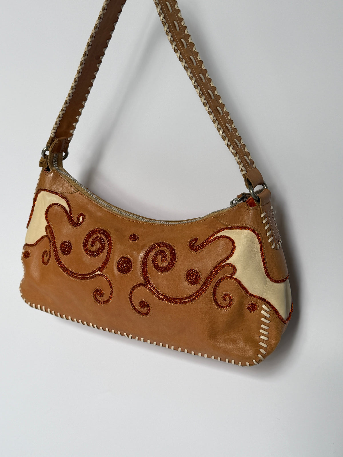 Francesco Biasia Beaded Embroidery Leather Shoulder Bag