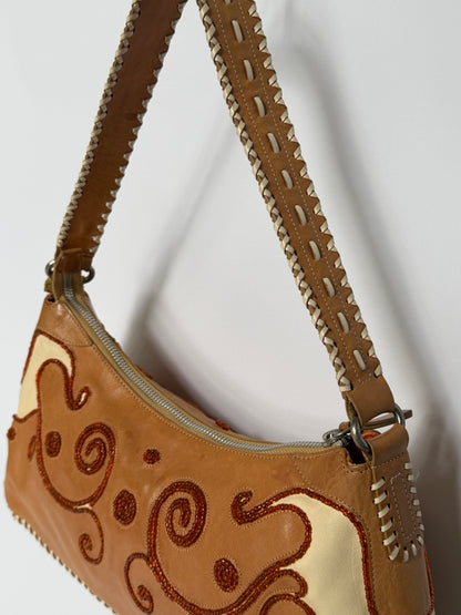 Francesco Biasia Beaded Embroidery Leather Shoulder Bag