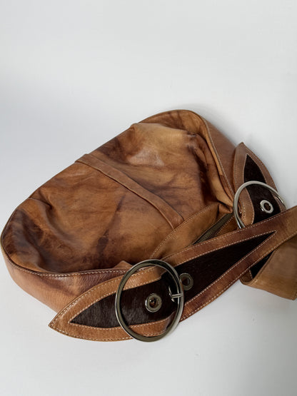 Crescent Leather Shoulder Bag with Pony Hair Cutouts