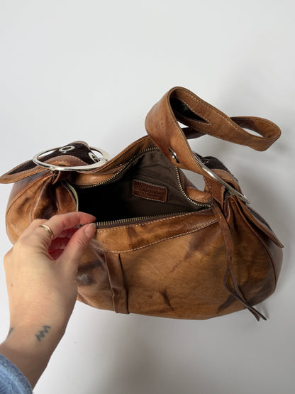Crescent Leather Shoulder Bag with Pony Hair Cutouts