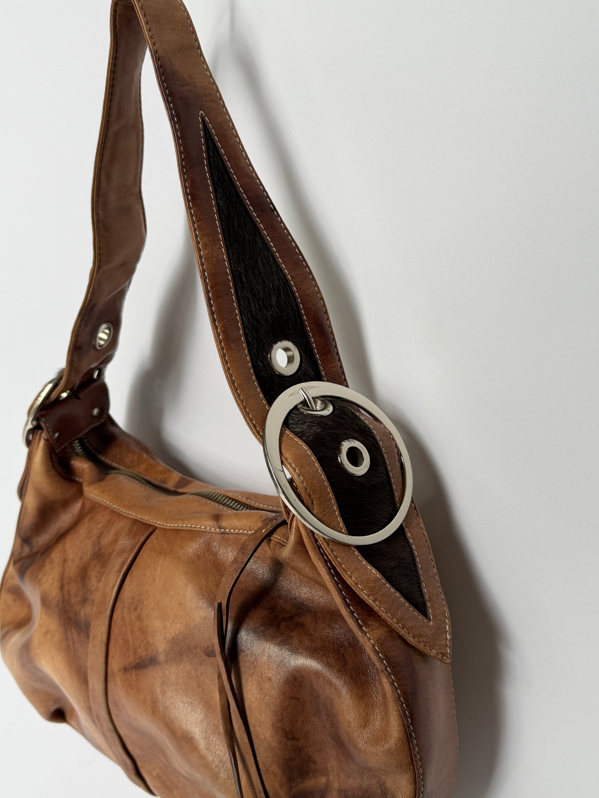Crescent Leather Shoulder Bag with Pony Hair Cutouts