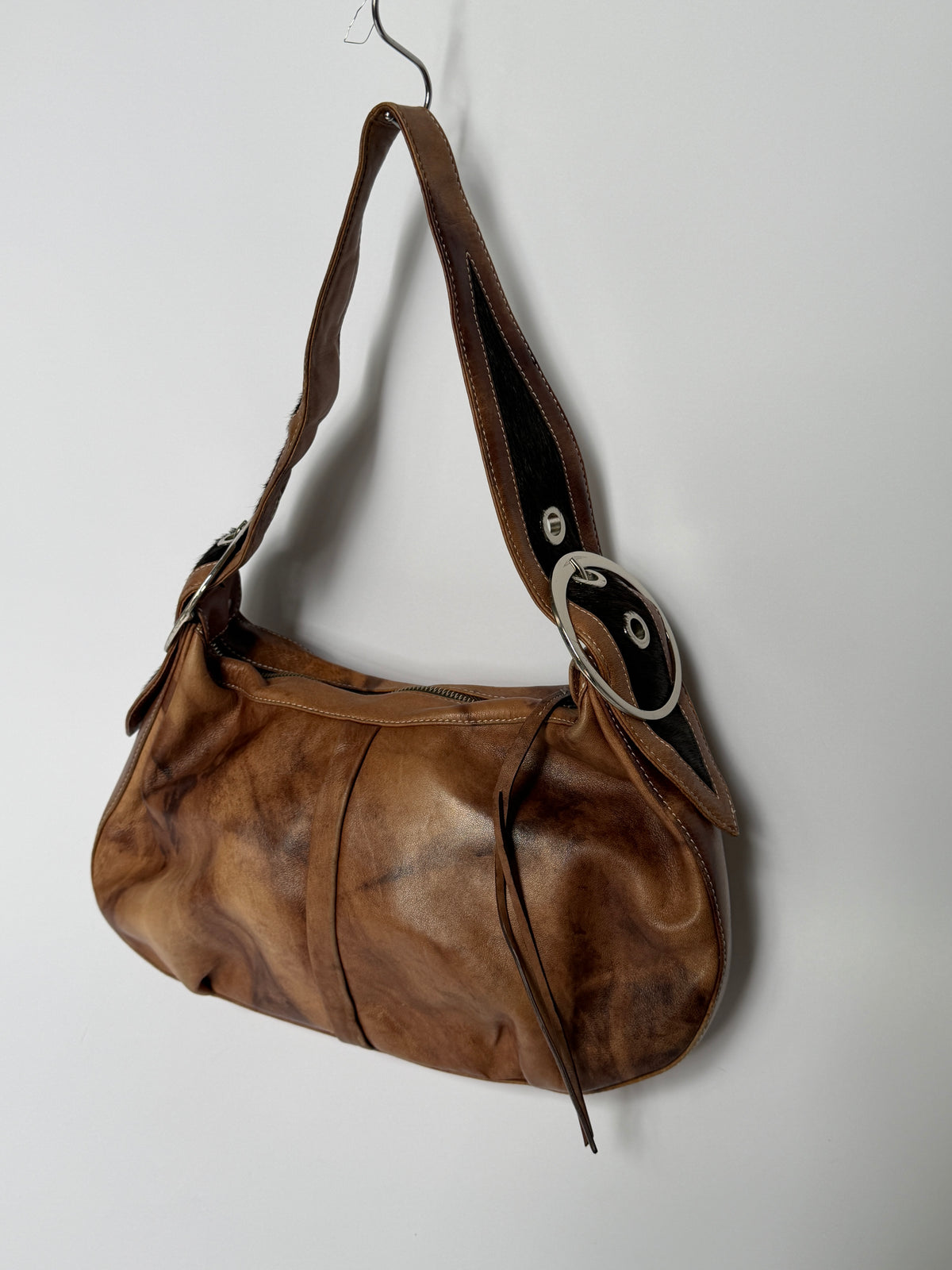 Crescent Leather Shoulder Bag with Pony Hair Cutouts