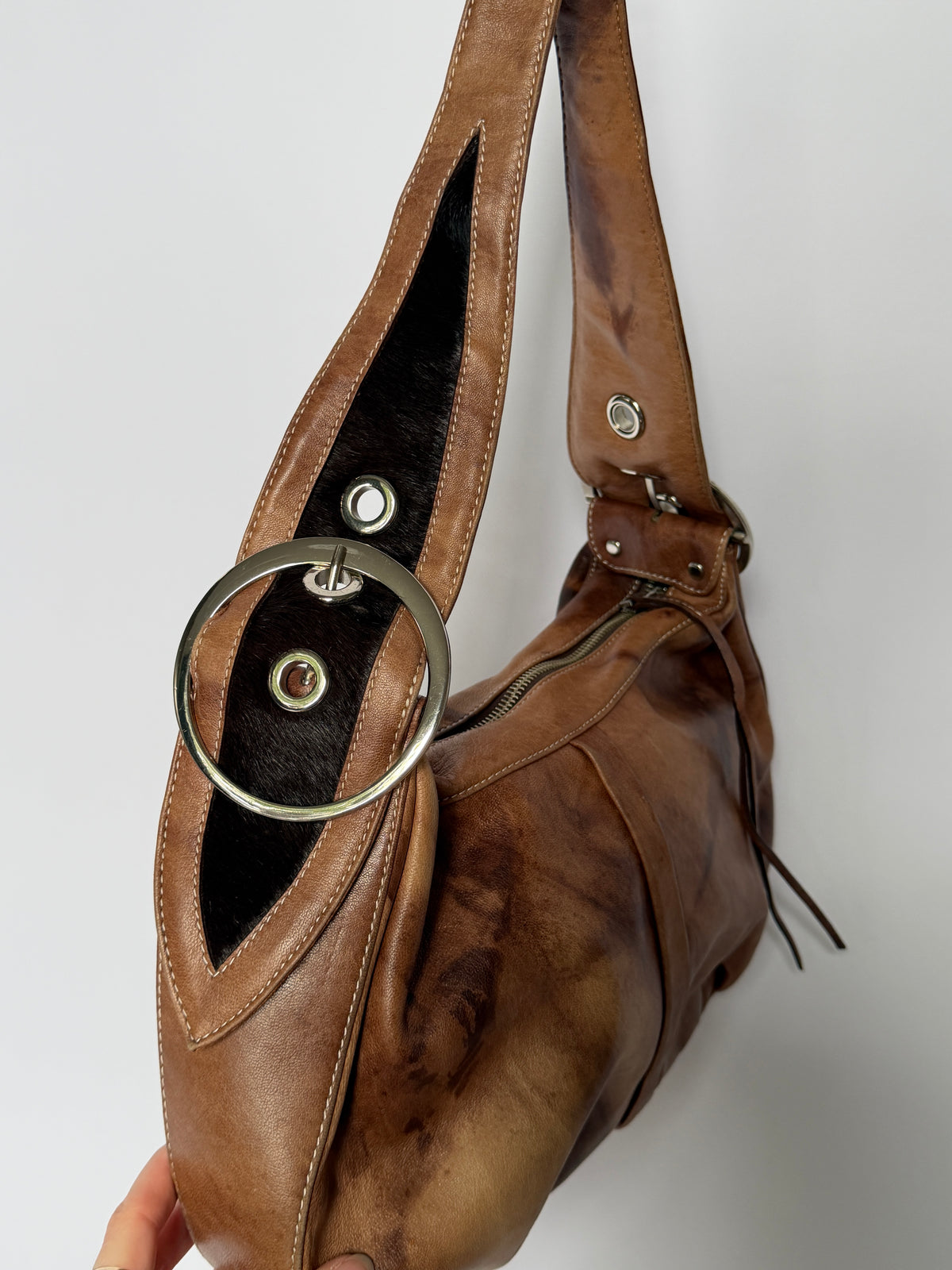Crescent Leather Shoulder Bag with Pony Hair Cutouts