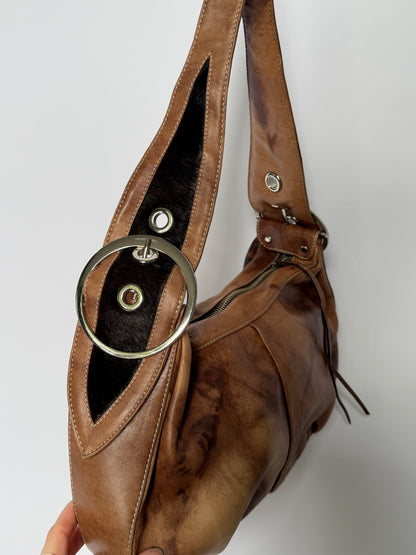 Crescent Leather Shoulder Bag with Pony Hair Cutouts