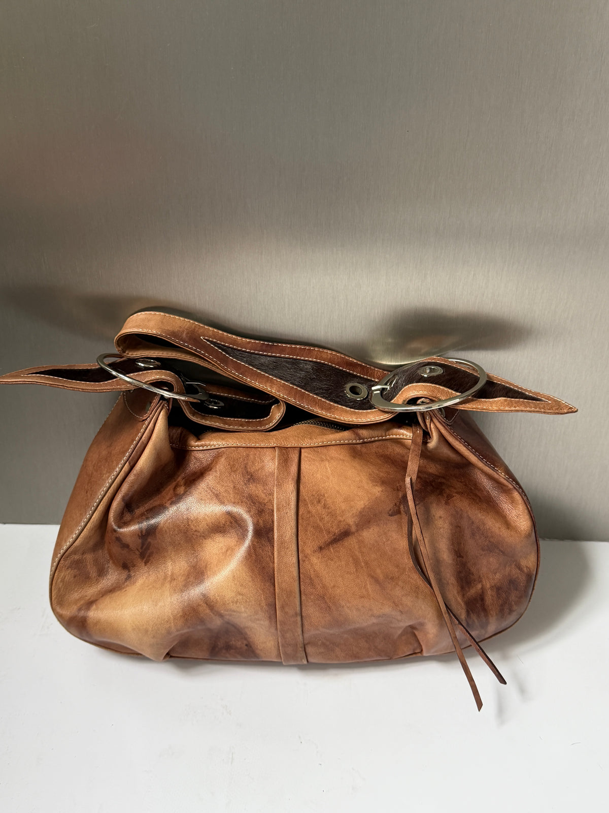 Crescent Leather Shoulder Bag with Pony Hair Cutouts