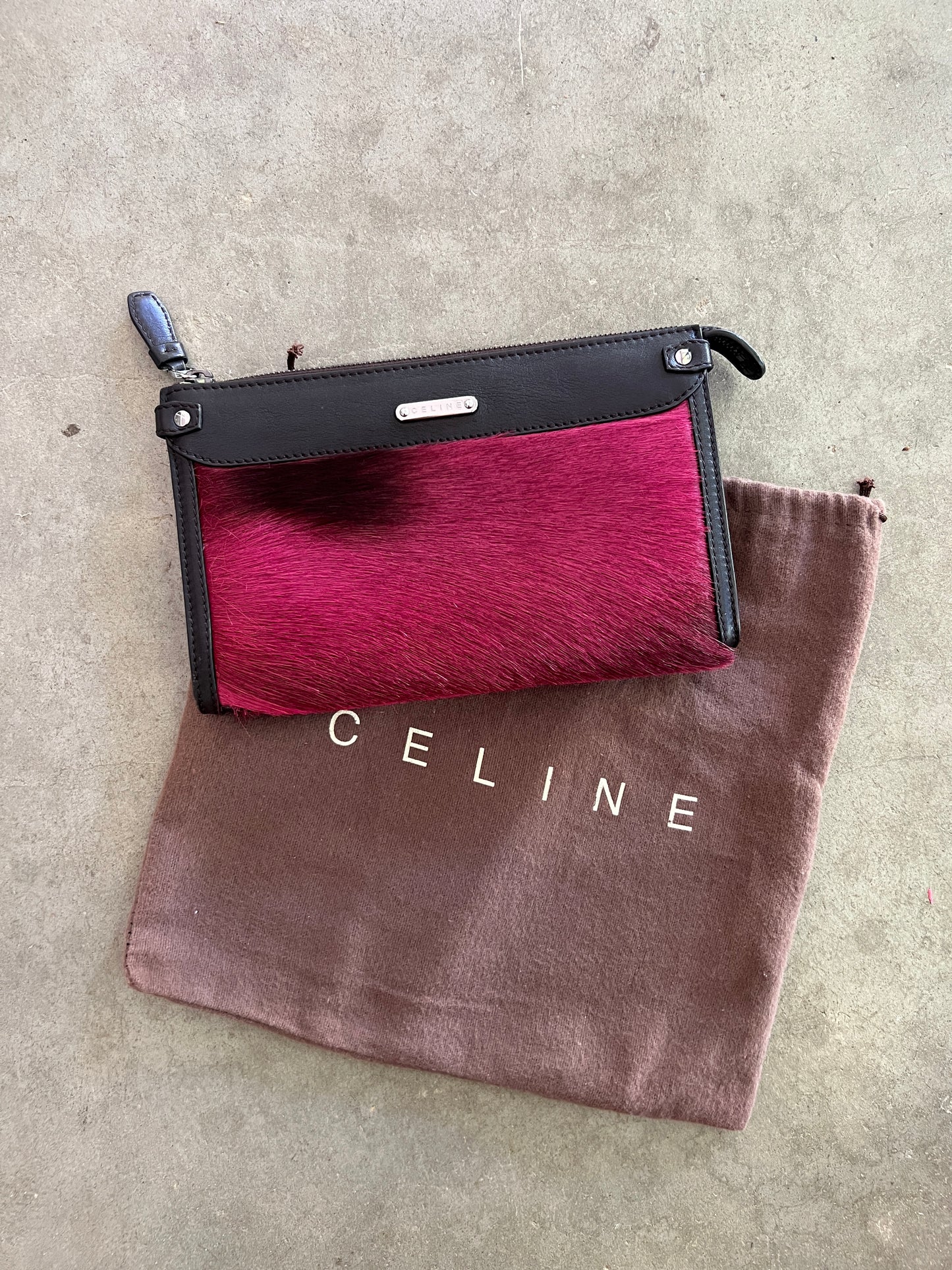 Céline Oxblood Pony Hair Clutch + Wallet