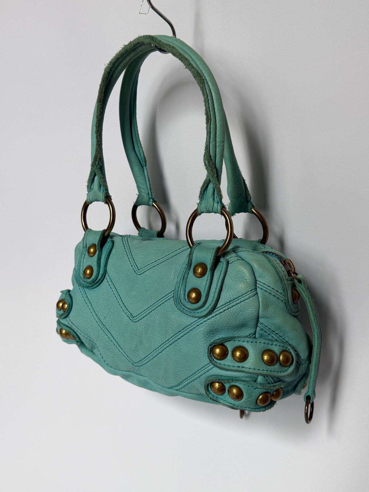 Y2K Aqua Studded Leather Structured Handbag