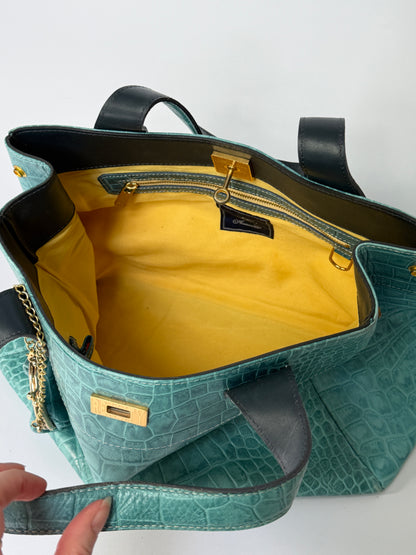 Turquoise Croc-Embossed Leather Bag