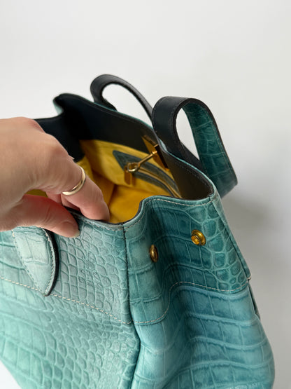 Turquoise Croc-Embossed Leather Bag