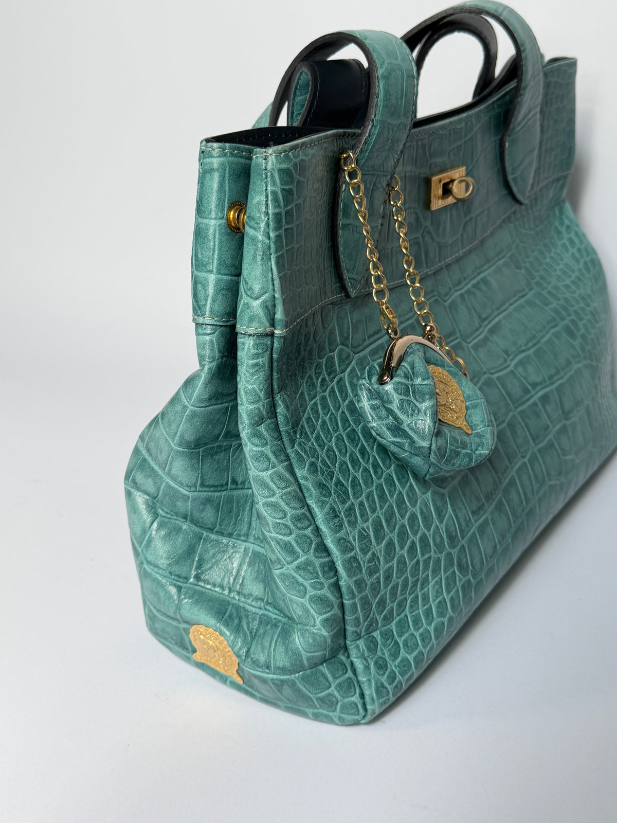 Turquoise Croc-Embossed Leather Bag