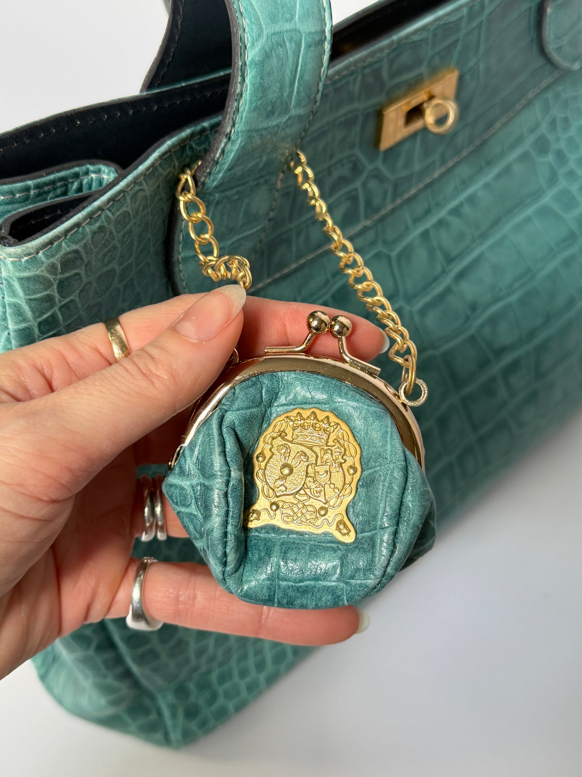 Turquoise Croc-Embossed Leather Bag