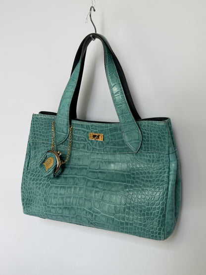 Turquoise Croc-Embossed Leather Bag