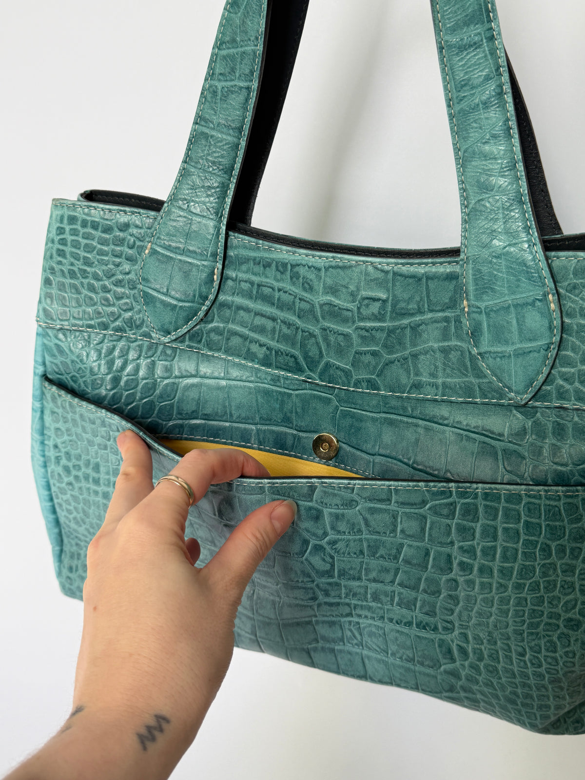 Turquoise Croc-Embossed Leather Bag