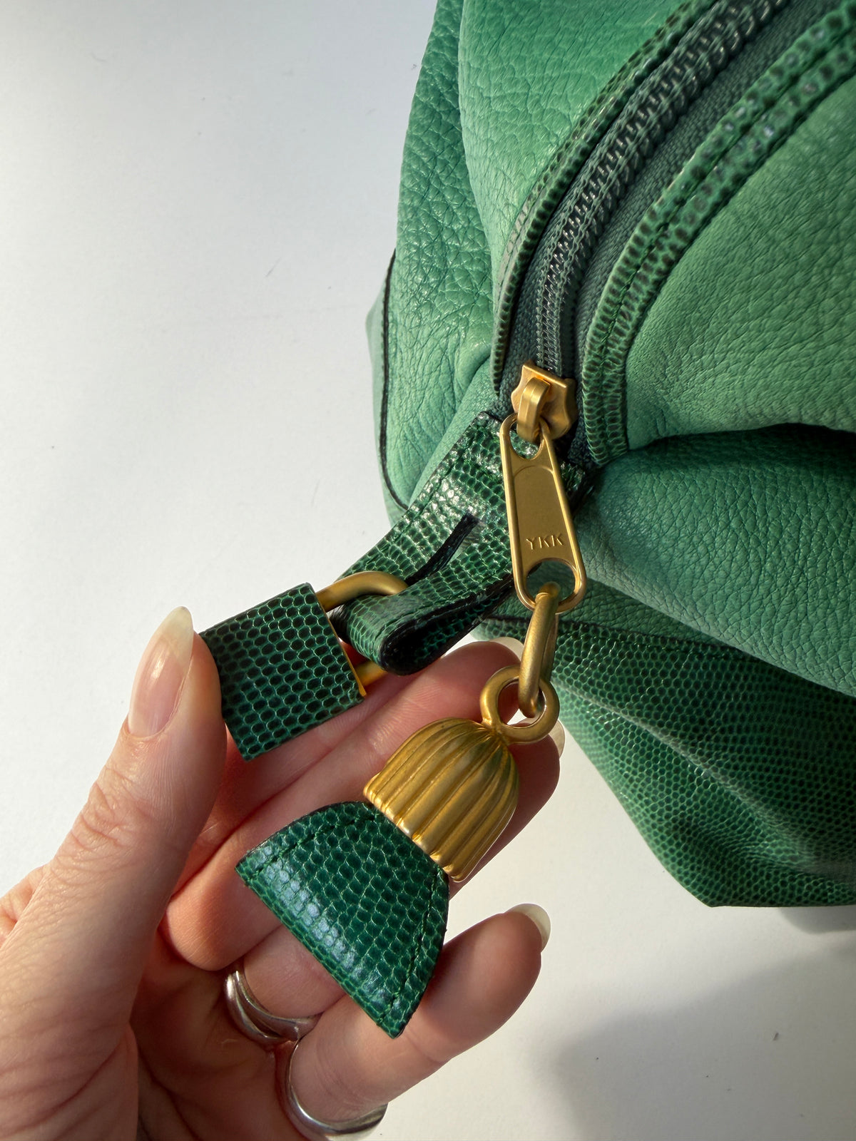 Ginza Kanematsu Green Leather Duffle Bag with Lizard-Embossed Trim