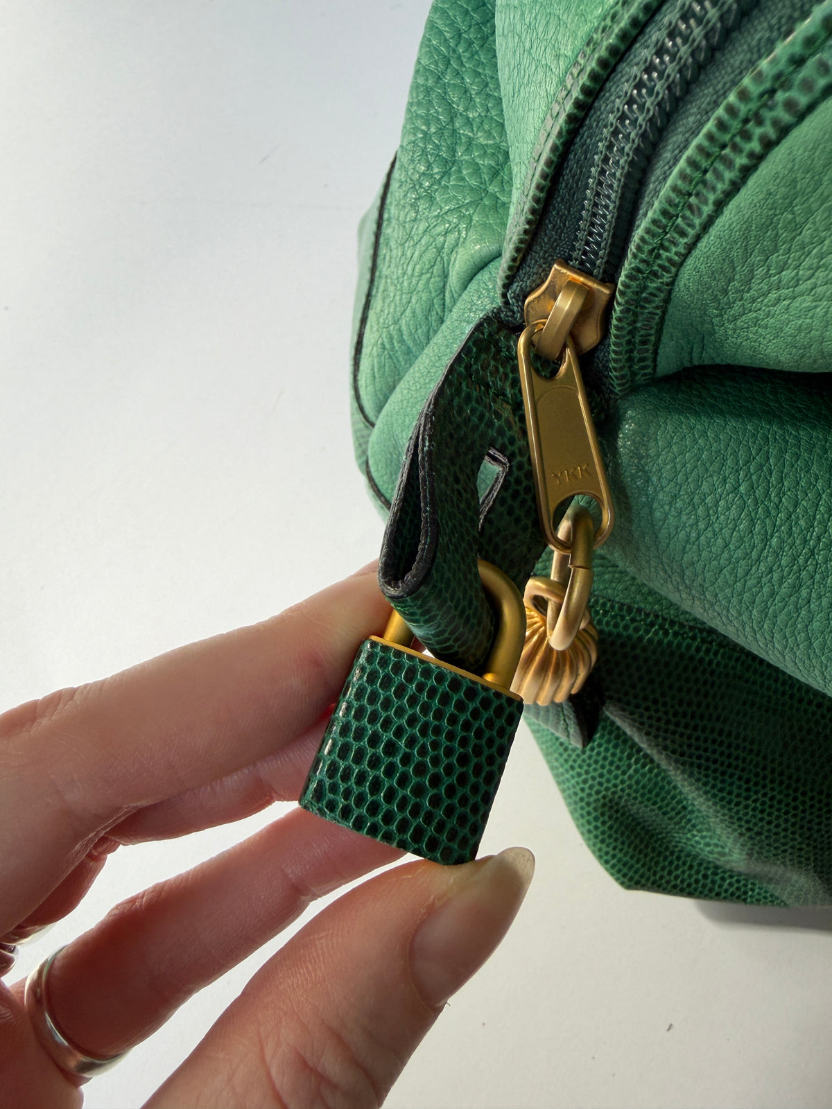 Ginza Kanematsu Green Leather Duffle Bag with Lizard-Embossed Trim