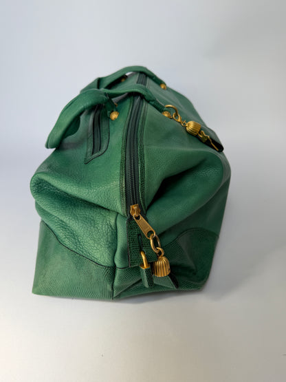 Ginza Kanematsu Green Leather Duffle Bag with Lizard-Embossed Trim