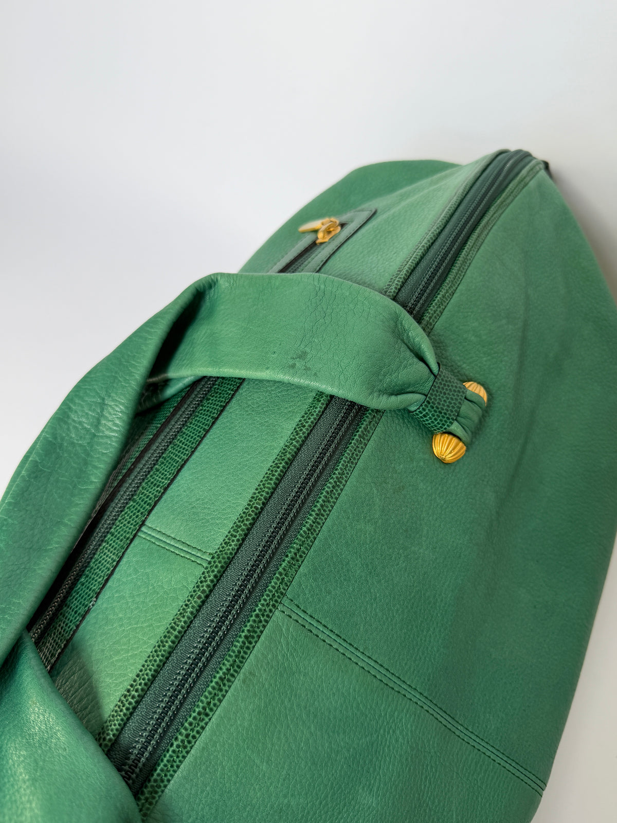 Ginza Kanematsu Green Leather Duffle Bag with Lizard-Embossed Trim