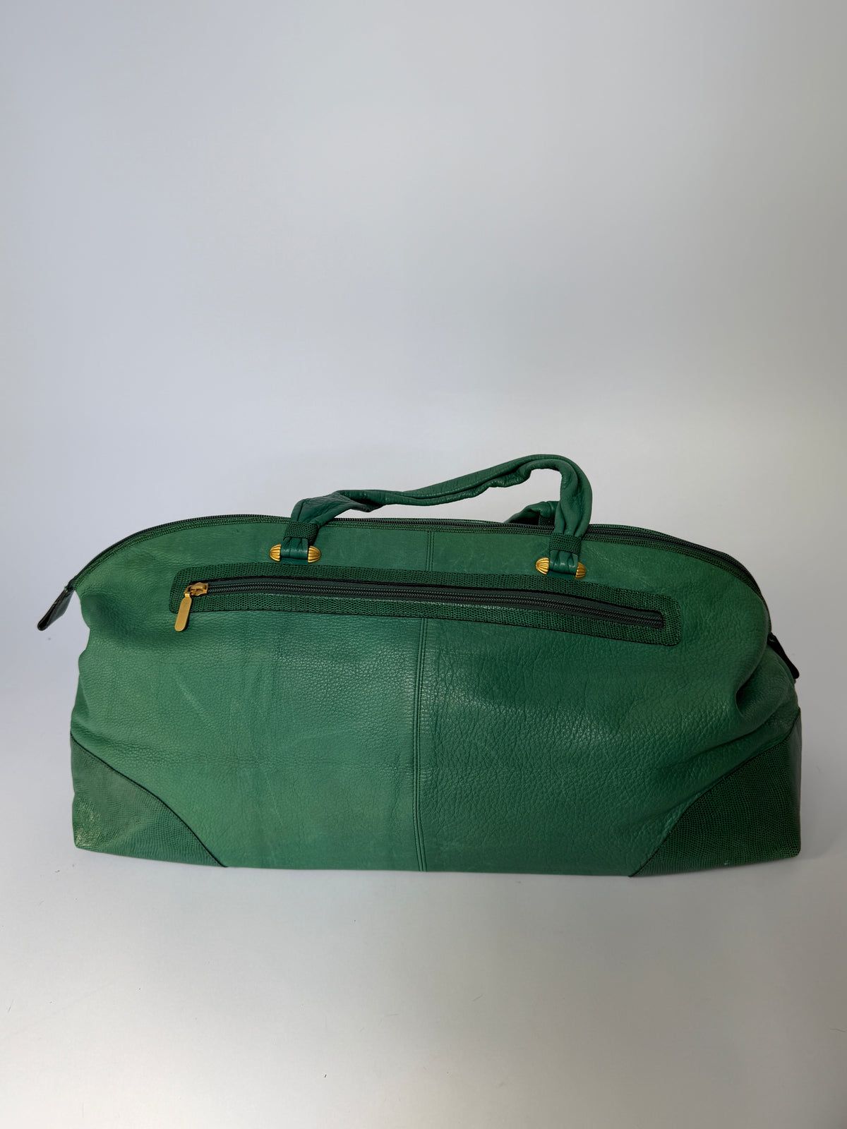 Ginza Kanematsu Green Leather Duffle Bag with Lizard-Embossed Trim