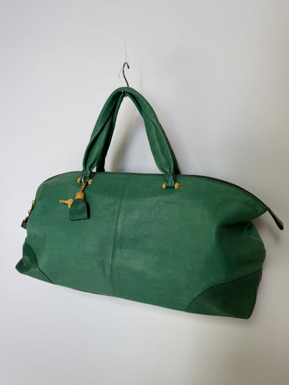 Ginza Kanematsu Green Leather Duffle Bag with Lizard-Embossed Trim