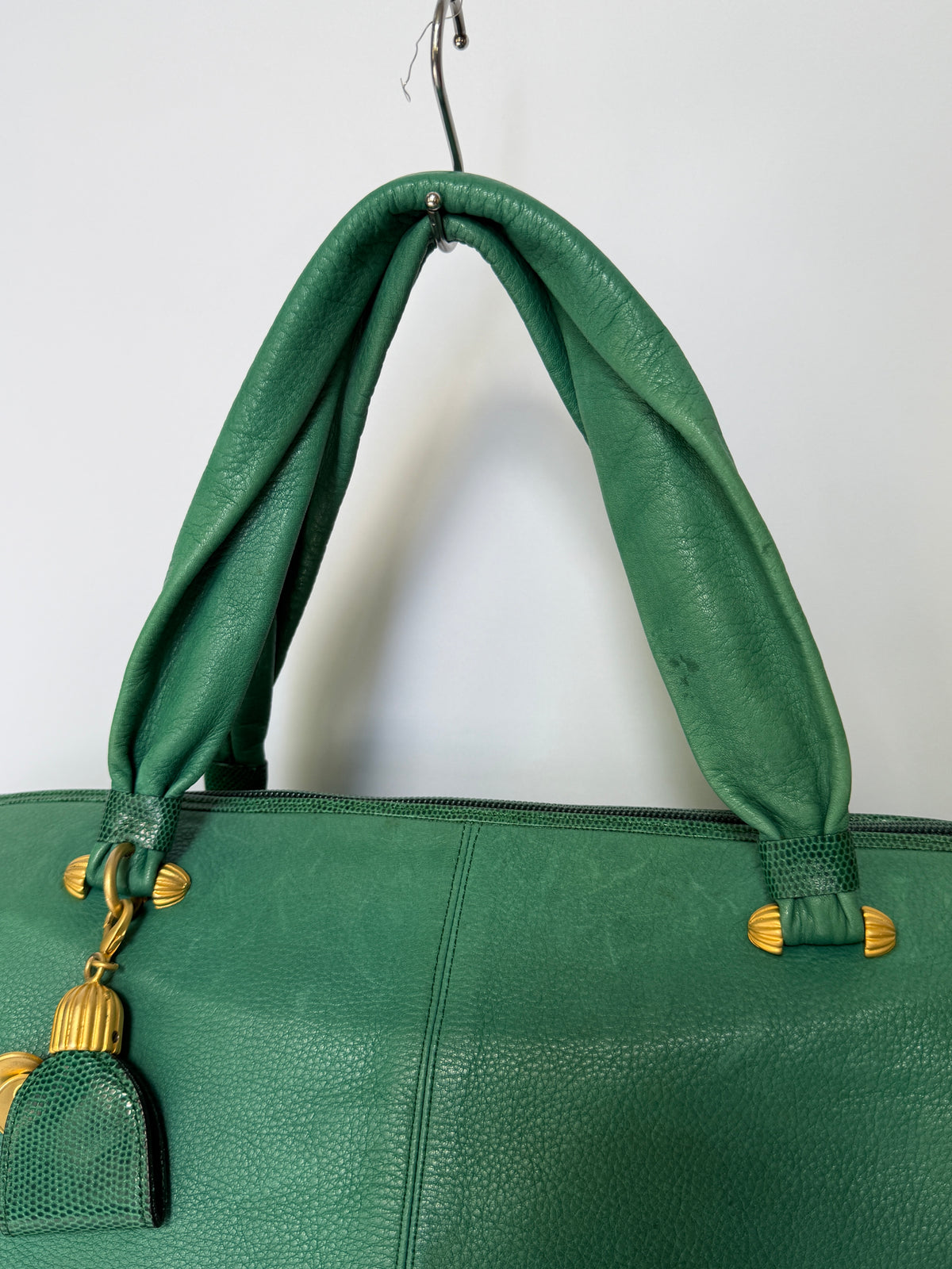 Ginza Kanematsu Green Leather Duffle Bag with Lizard-Embossed Trim