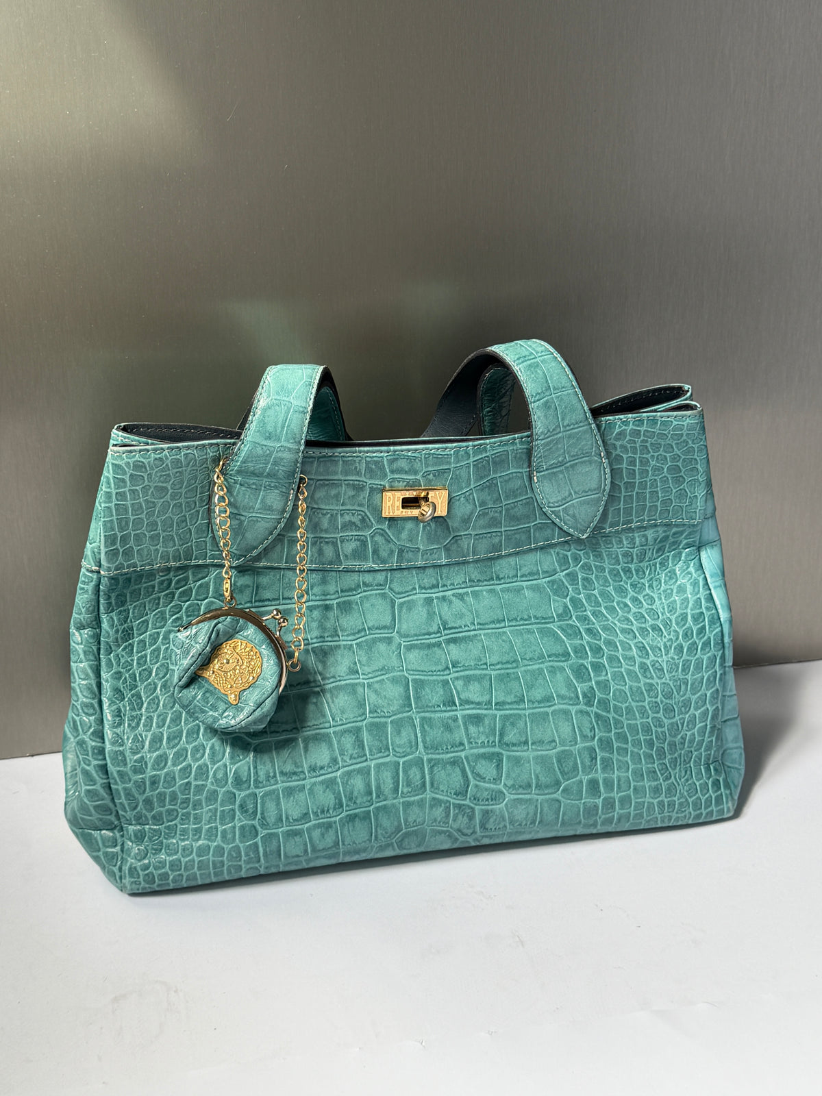 Turquoise Croc-Embossed Leather Bag