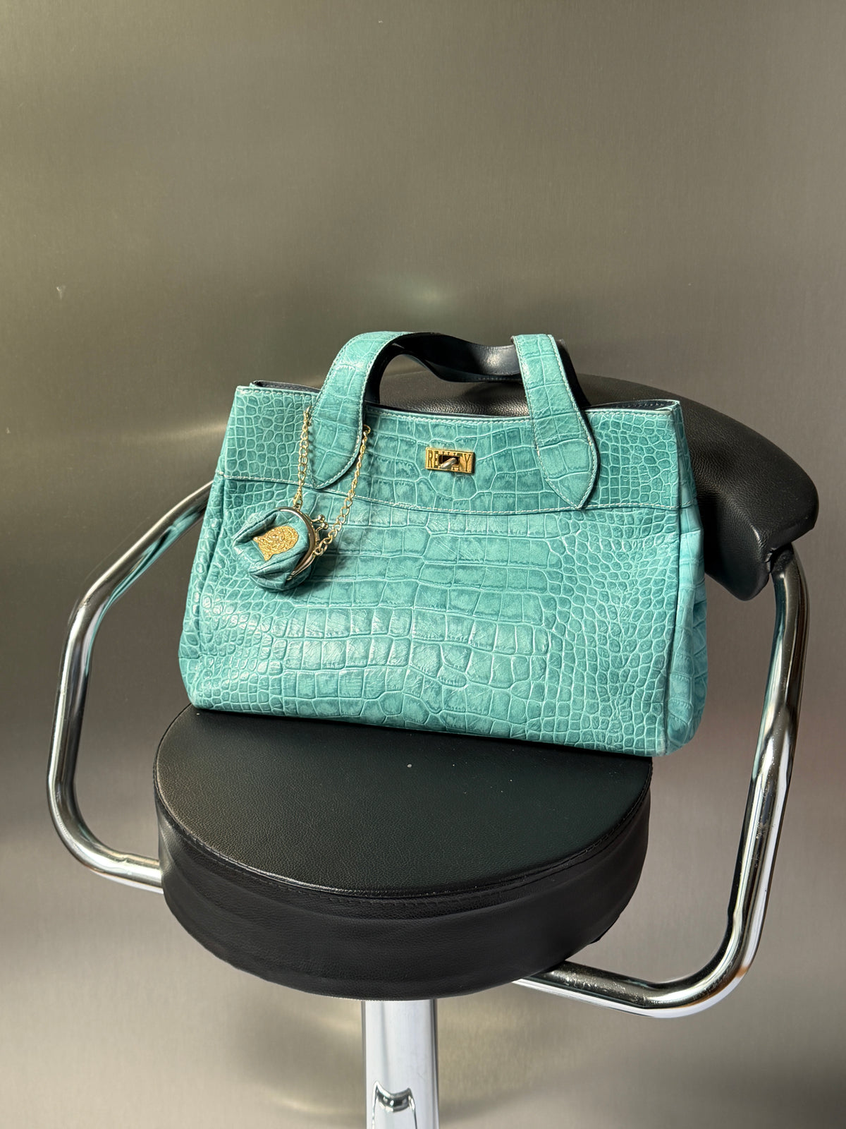 Turquoise Croc-Embossed Leather Bag