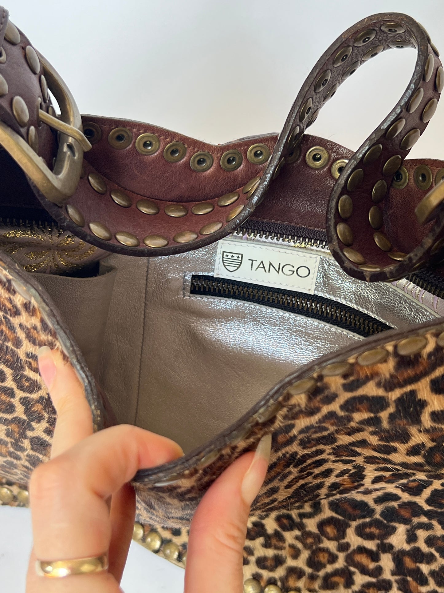 Tango Studded Leopard Pony Hair Shoulder Bag