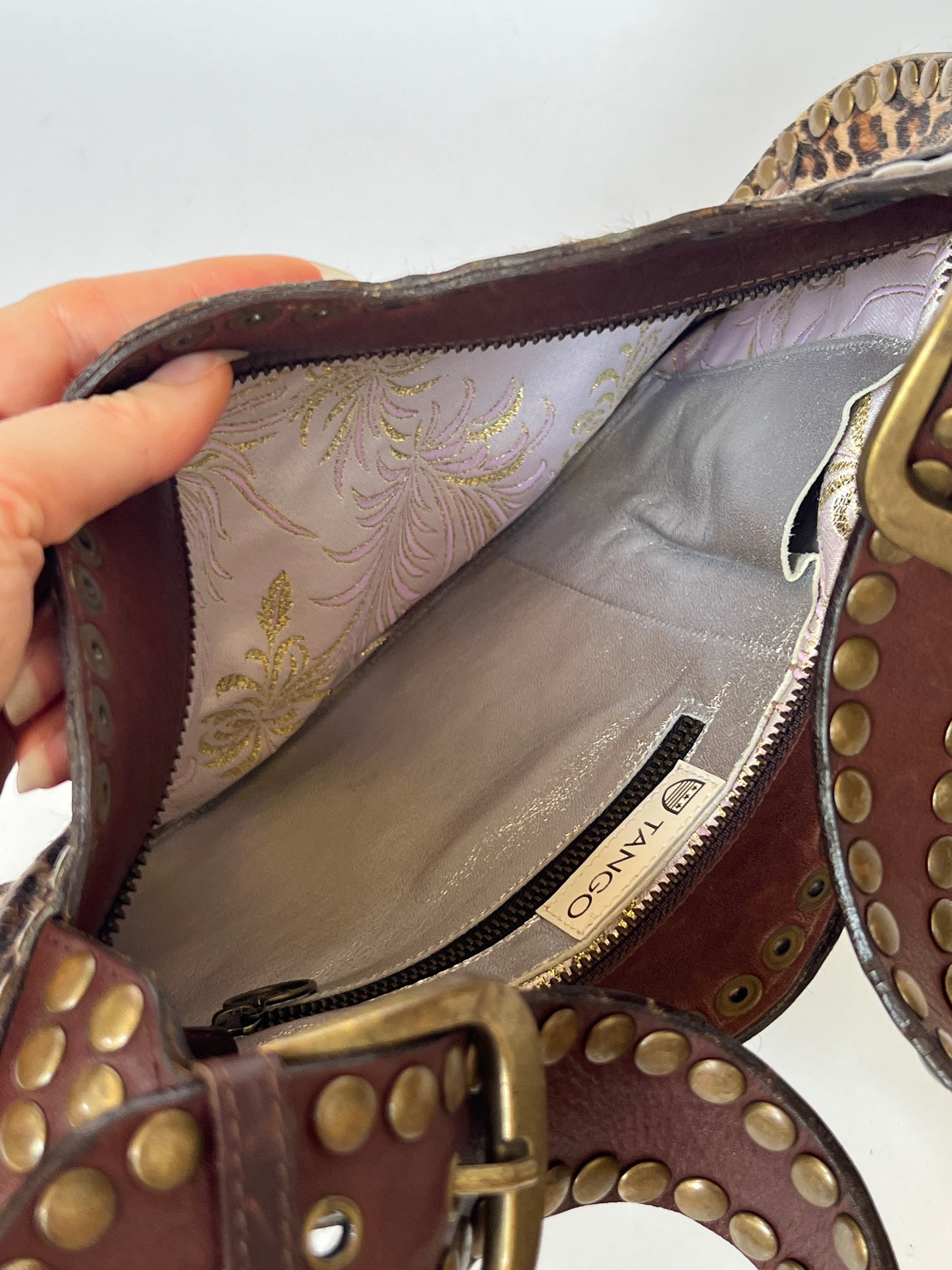 Tango Studded Leopard Pony Hair Shoulder Bag