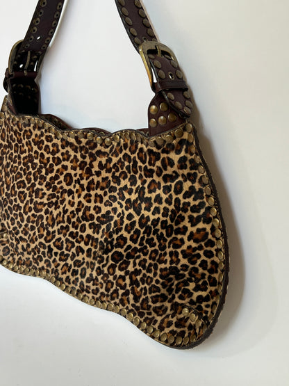 Tango Studded Leopard Pony Hair Shoulder Bag