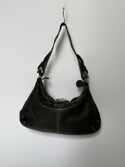 Vintage Monio black Italian leather shoulder bag with contrast stitching — view 7