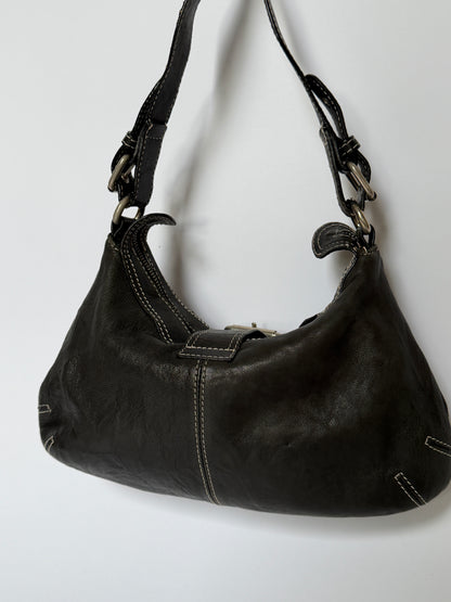 Vintage Monio black Italian leather shoulder bag with contrast stitching — view 10