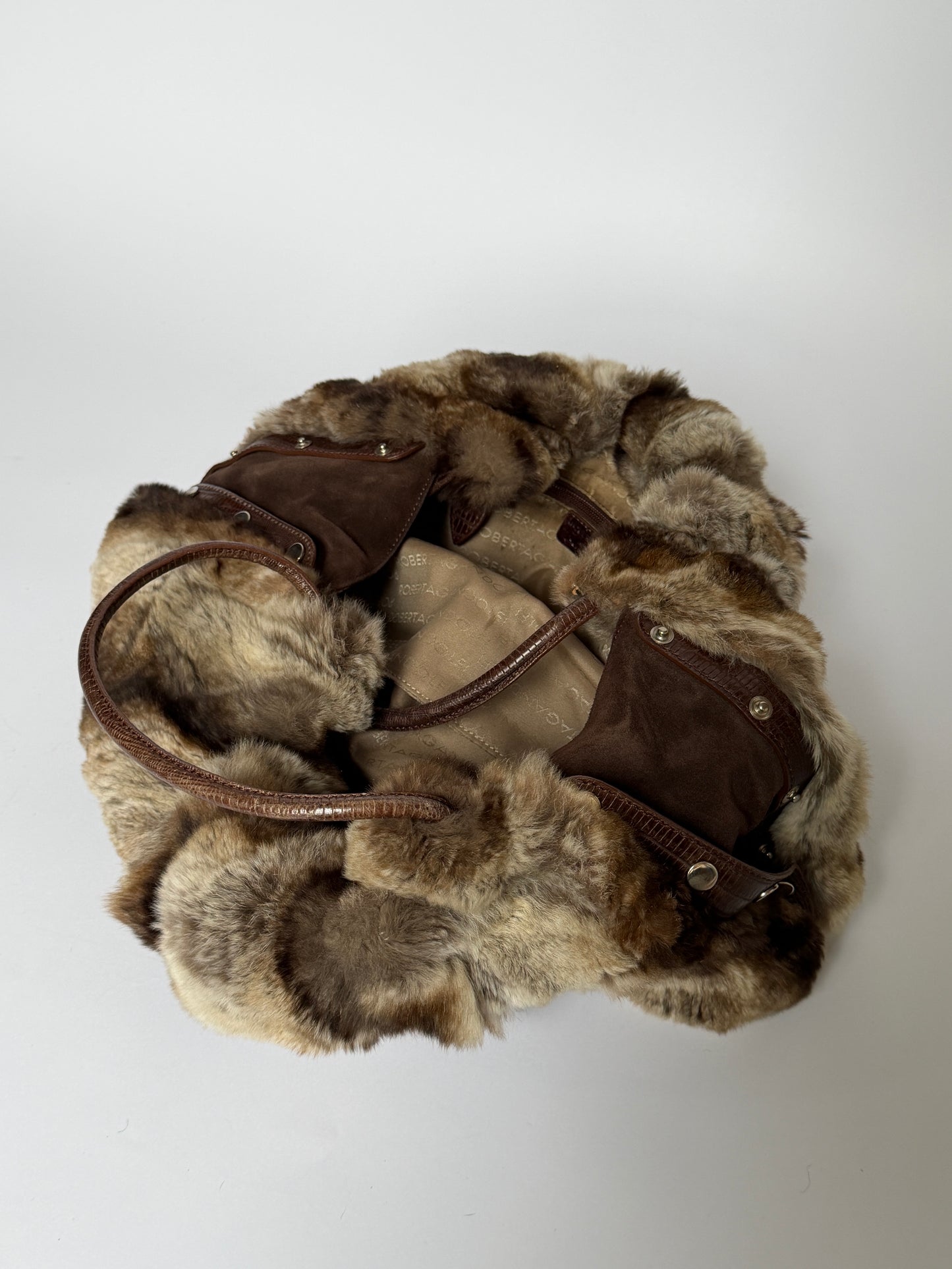 Vintage Roberta Gandolfi brown rabbit fur drawstring tote bag made in Italy — view 4