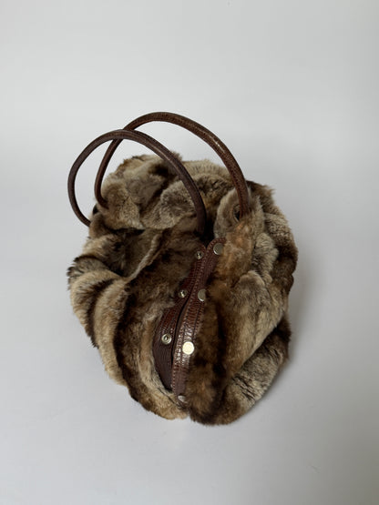 Vintage Roberta Gandolfi brown rabbit fur drawstring tote bag made in Italy — view 2