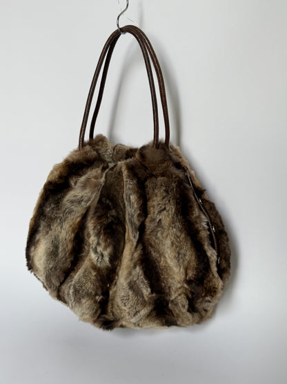 Vintage Roberta Gandolfi brown rabbit fur drawstring tote bag made in Italy — view 3