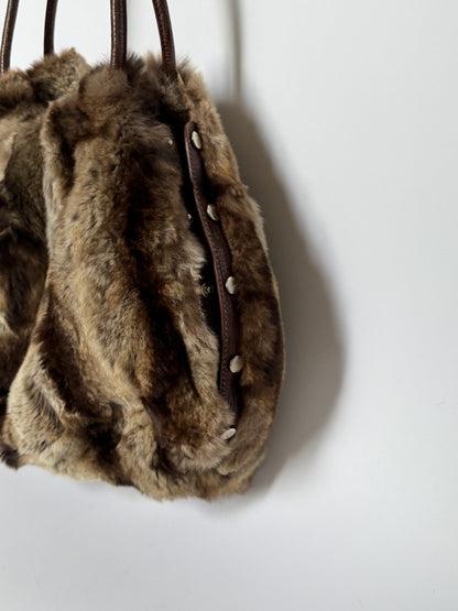 Vintage Roberta Gandolfi brown rabbit fur drawstring tote bag made in Italy — view 7
