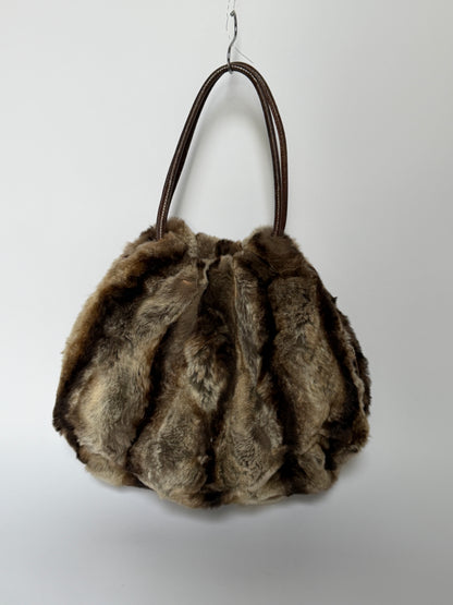 Vintage Roberta Gandolfi brown rabbit fur drawstring tote bag made in Italy — view 8