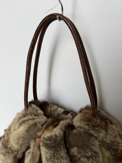 Vintage Roberta Gandolfi brown rabbit fur drawstring tote bag made in Italy — view 9