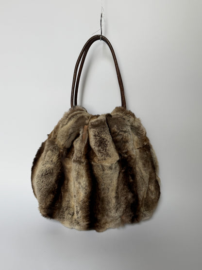 Vintage Roberta Gandolfi brown rabbit fur drawstring tote bag made in Italy — view 11