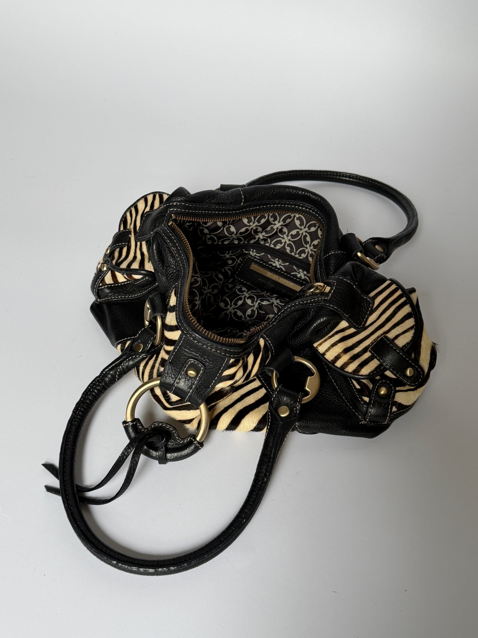 Vintage Enzo Angiolini zebra print pony hair and black leather barrel bag — view 4