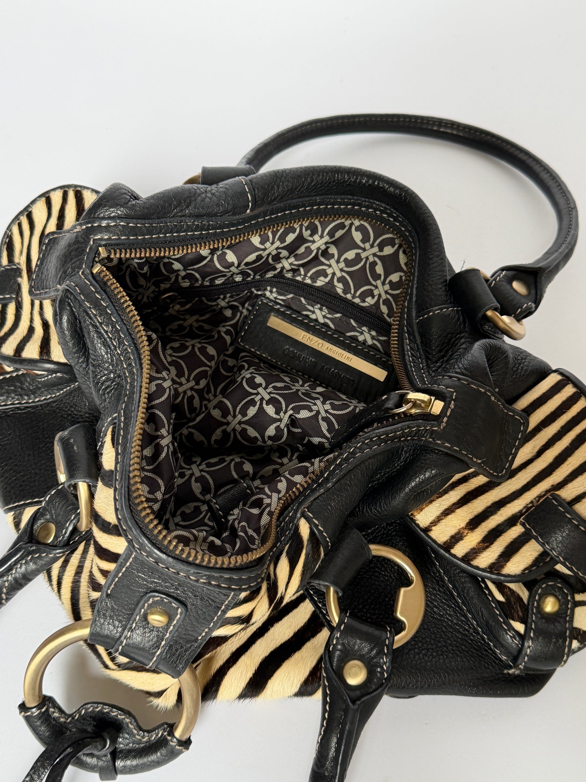 Vintage Enzo Angiolini zebra print pony hair and black leather barrel bag — view 6