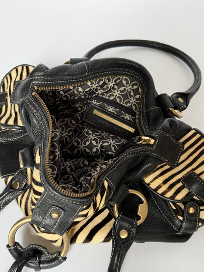 Vintage Enzo Angiolini zebra print pony hair and black leather barrel bag — view 6